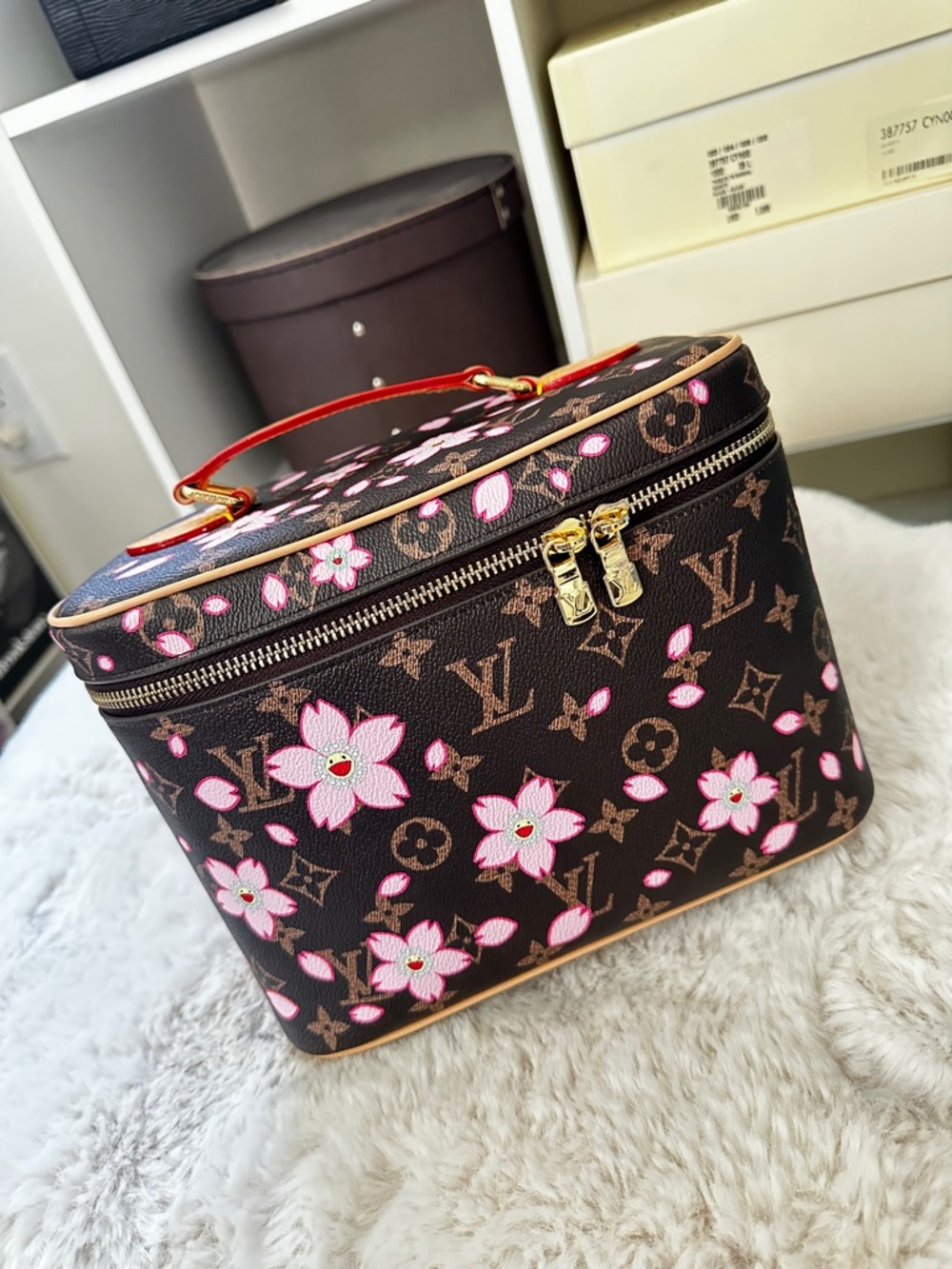 Brown Monogram Cosmetic Case, Pink Sakura Murakami MakeUp Travel Bag Toiletries